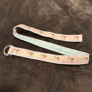 Toe Gaz Pink Cream Canvas Brass D Ring Belt w/ Palm Trees Pattern.